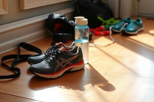 running shoes and other running gear in the light of sunlight coming from a window, on a plywood floor. to symbolize reducing friction between the action and follow through, which helps one stay disciplined