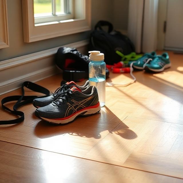 running shoes and other running gear in the light of sunlight coming from a window, on a plywood floor. to symbolize reducing friction between the action and follow through, which helps one stay disciplined